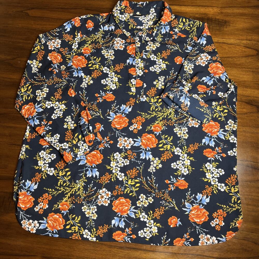 Simply Emma Women's Plus 1X Navy Blue Floral 3/4 Button Up Pullover Blouse